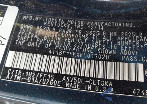 2015 Toyota Camry Se из США, поврежденный, VIN 4T1BF1FKXFU013020